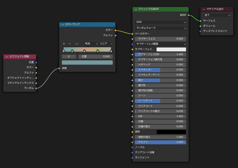 Blender オブジェクト毎に色を切り替えるノード構成